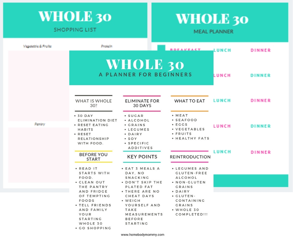 Download a free Whole 30 planner. It has a quick reference guide and meal planner to help you stay on track of your Whole 30 journey.
