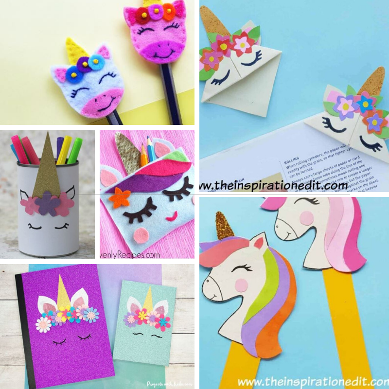 Unicorn pencil topper, bookmarks, notebook, pencil case, and pencil holder.